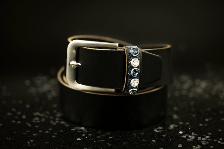 Mon&egrave;re blauwe riem fabric moonlight met denim blue/crystal 